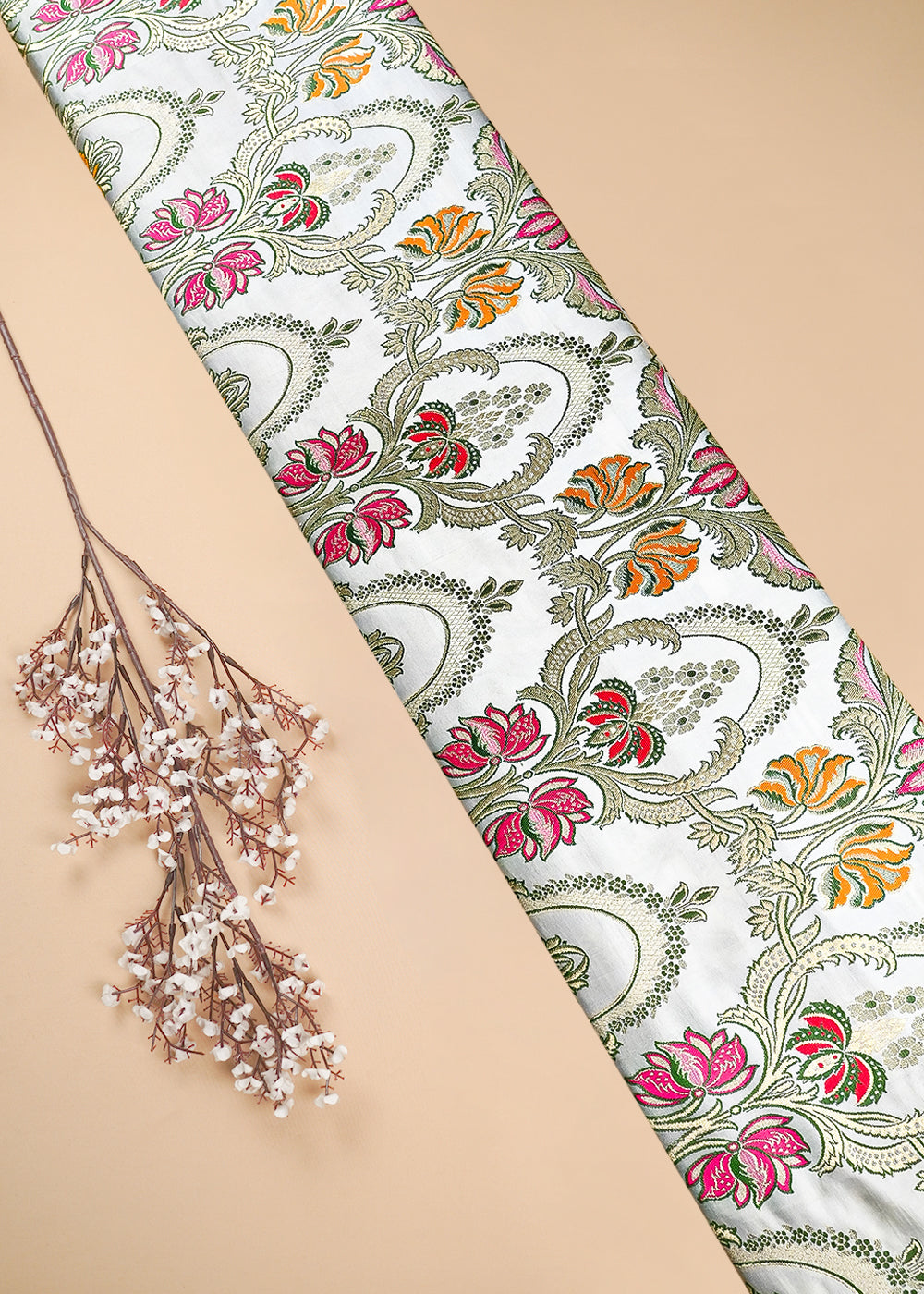 Cream Pure Banarasi Brocade Fabric With All Over Thread And Zari Handloom 25276