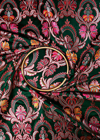 Bottle Green Pure Banarasi Brocade Fabric With All Over Thread And Zari Handloom 25278
