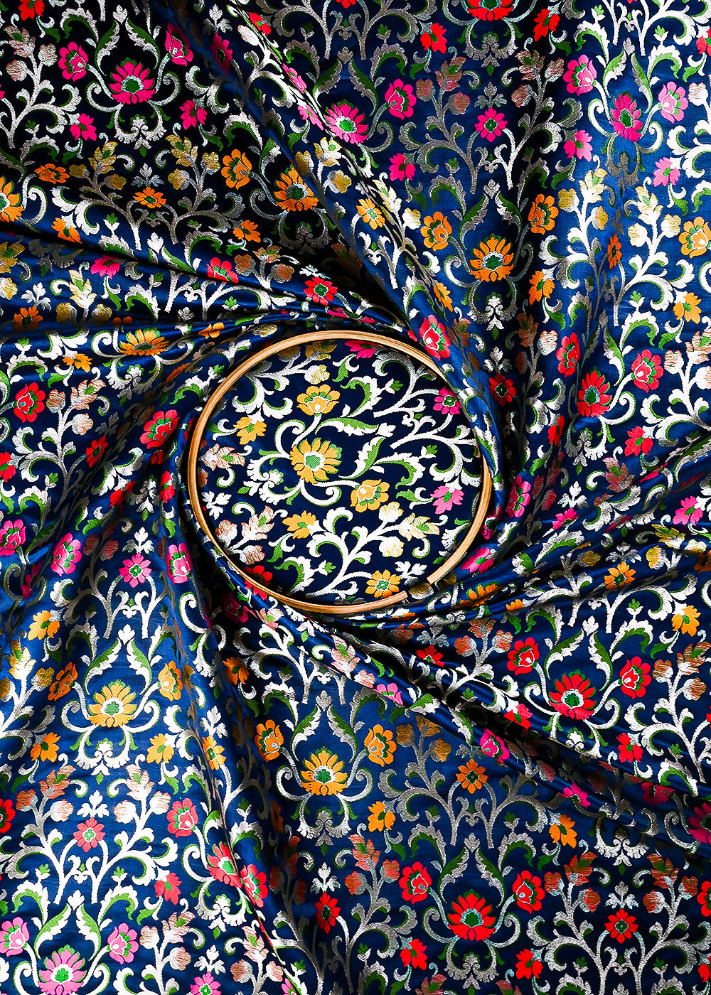 Navy Blue Pure Banarasi Brocade Fabric With All Over Thread And Zari Handloom 25279