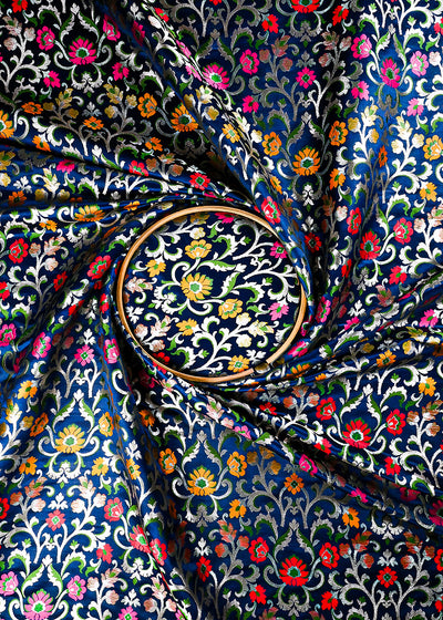 Navy Blue Pure Banarasi Brocade Fabric With All Over Thread And Zari Handloom 25279
