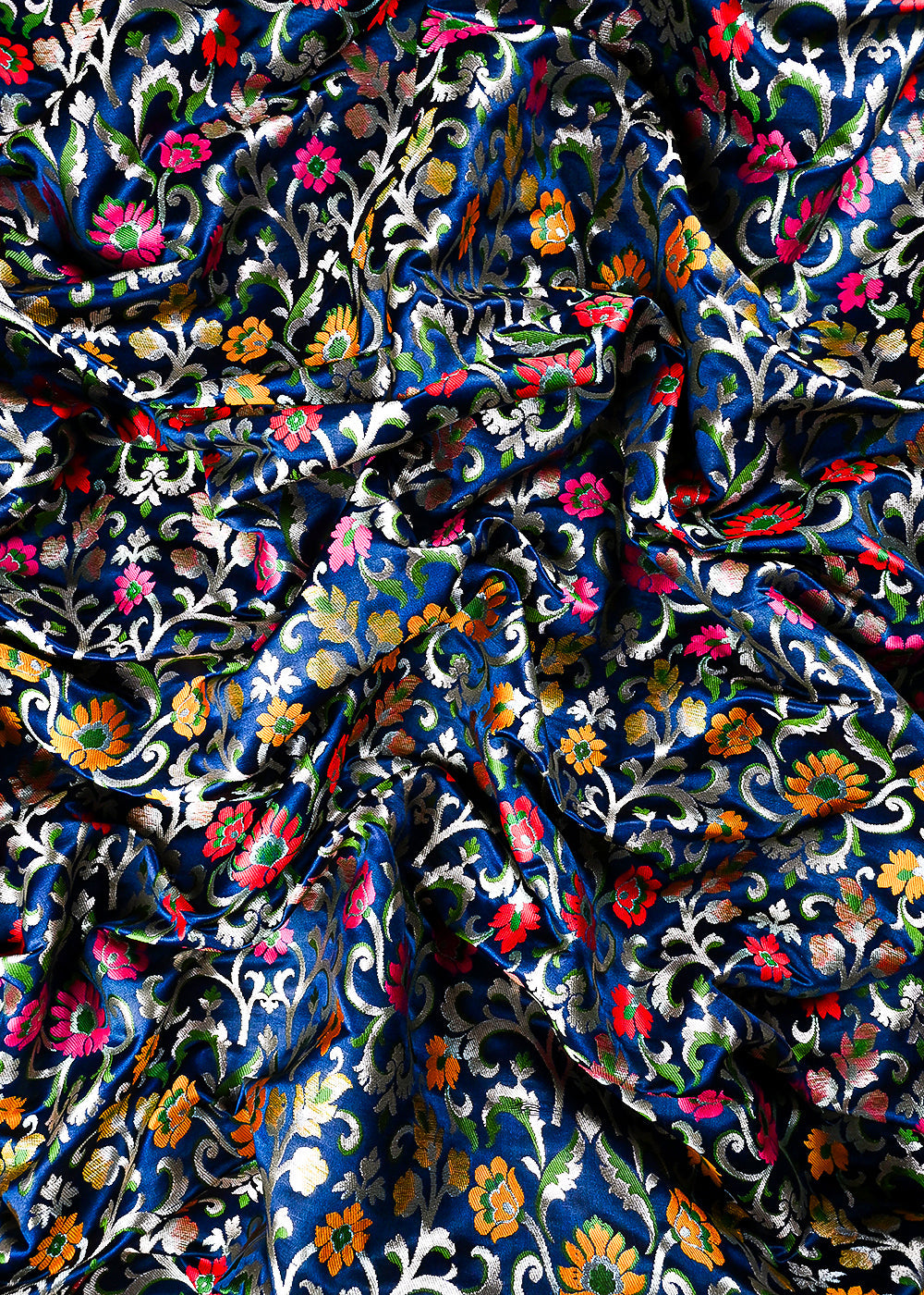 Navy Blue Pure Banarasi Brocade Fabric With All Over Thread And Zari Handloom 25279