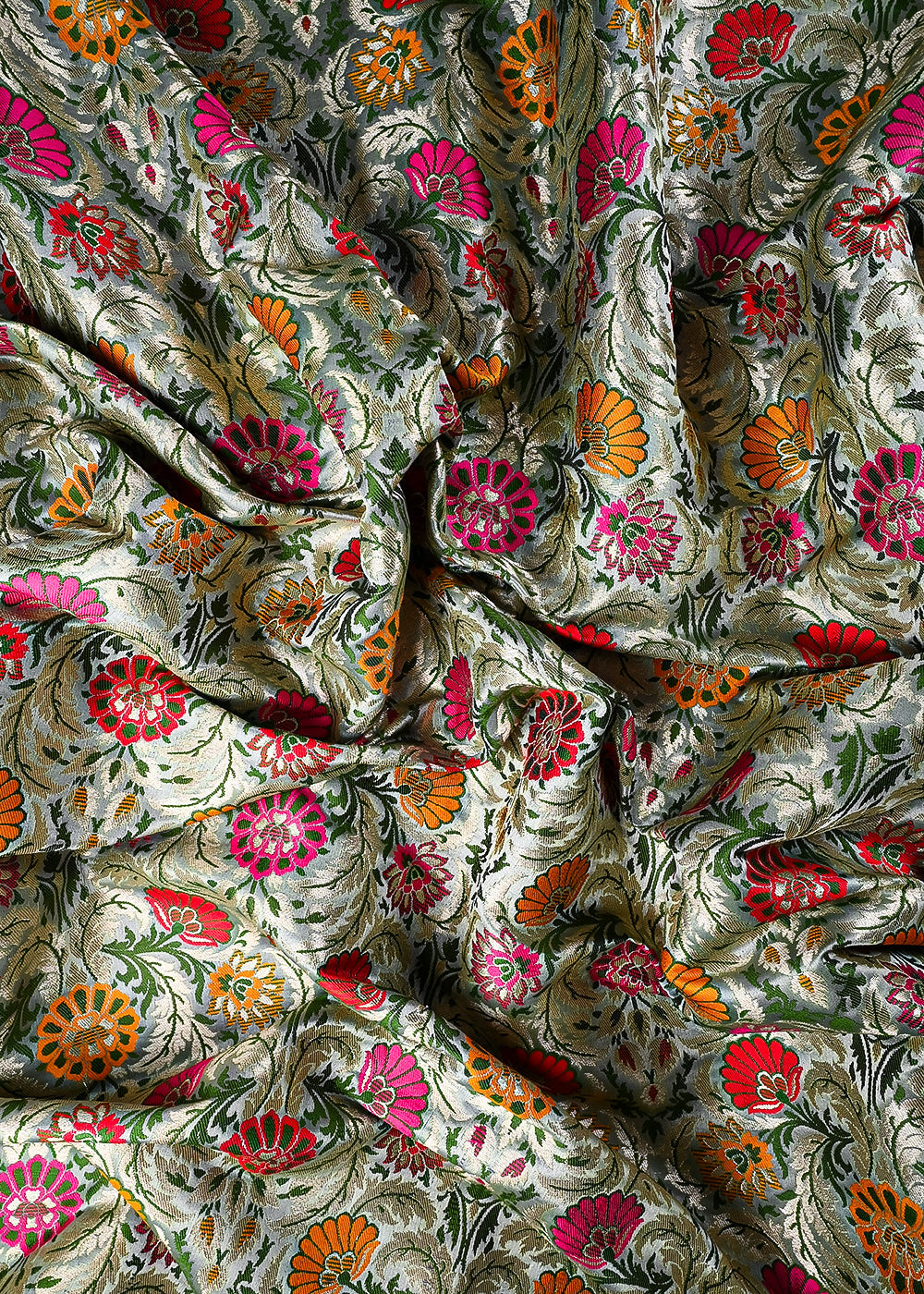Grey Pure Banarasi Brocade Fabric With All Over Thread And Zari Handloom 25282