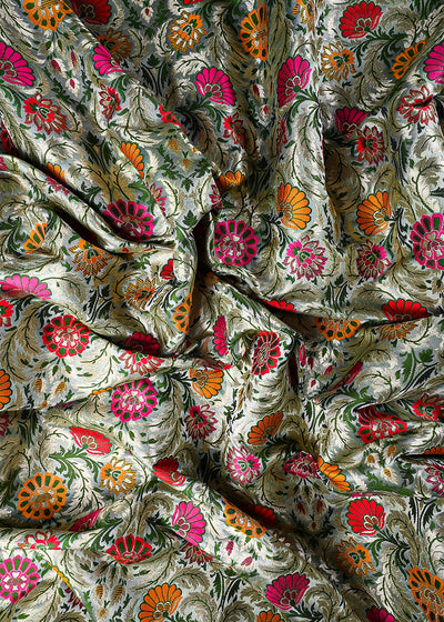 Grey Pure Banarasi Brocade Fabric With All Over Thread And Zari Handloom 25282