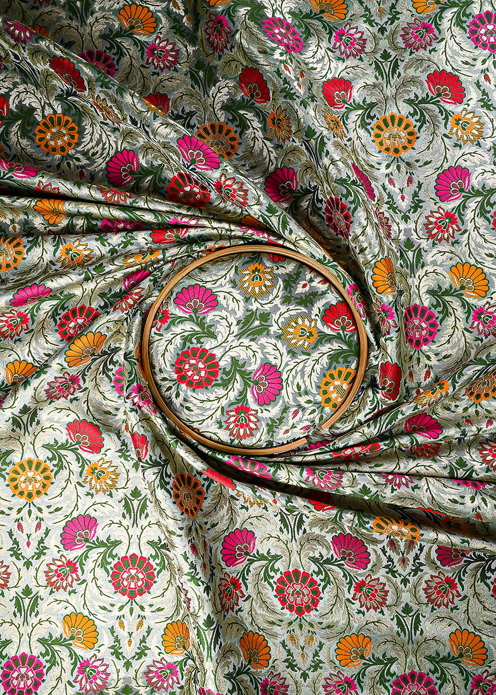 Grey Pure Banarasi Brocade Fabric With All Over Thread And Zari Handloom 25282