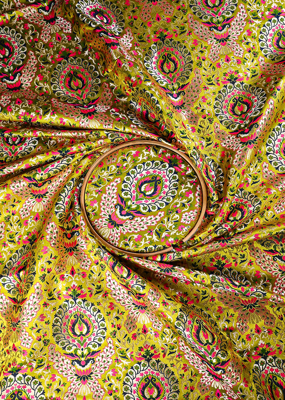 Olive Green Pure Banarasi Brocade Fabric With All Over Thread And Zari Handloom 25284