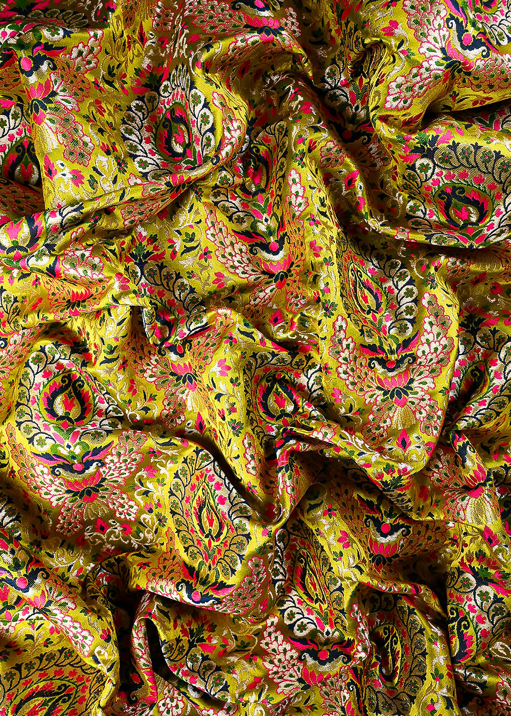 Olive Green Pure Banarasi Brocade Fabric With All Over Thread And Zari Handloom 25284