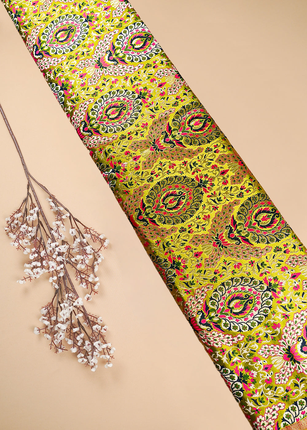 Olive Green Pure Banarasi Brocade Fabric With All Over Thread And Zari Handloom 25284