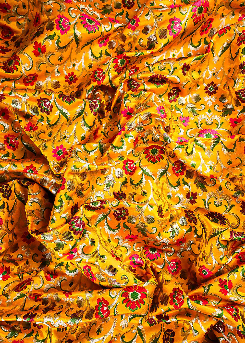 Yellow Pure Banarasi Brocade Fabric With All Over Thread And Zari Handloom 25286