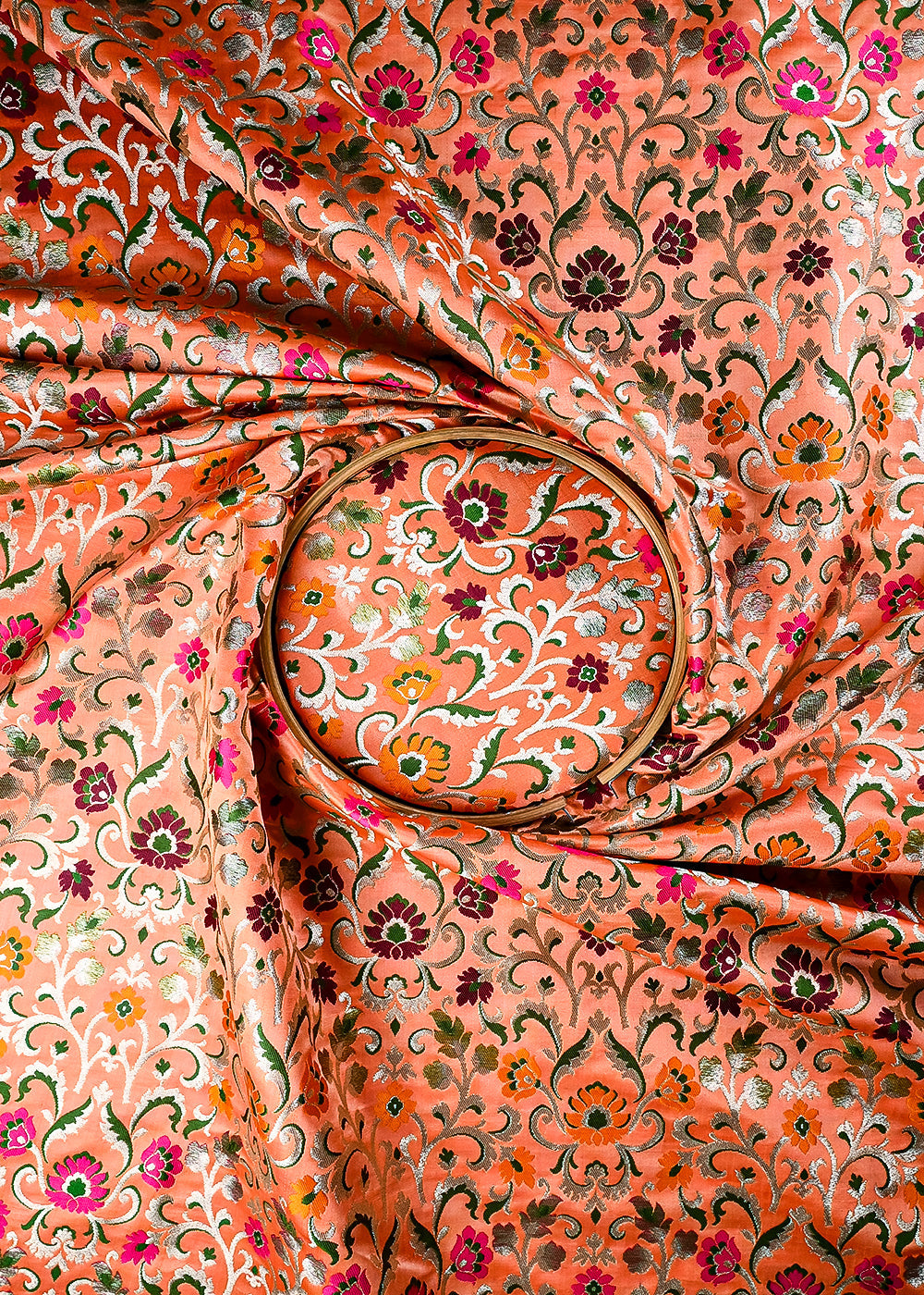 Peach Pure Banarasi Brocade Fabric With All Over Thread And Zari Handloom 25287
