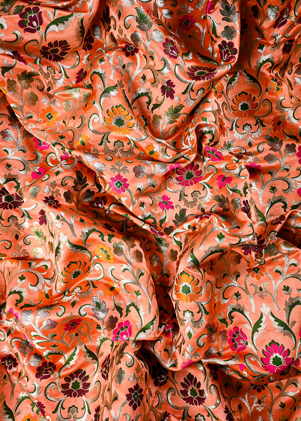 Peach Pure Banarasi Brocade Fabric With All Over Thread And Zari Handloom 25287