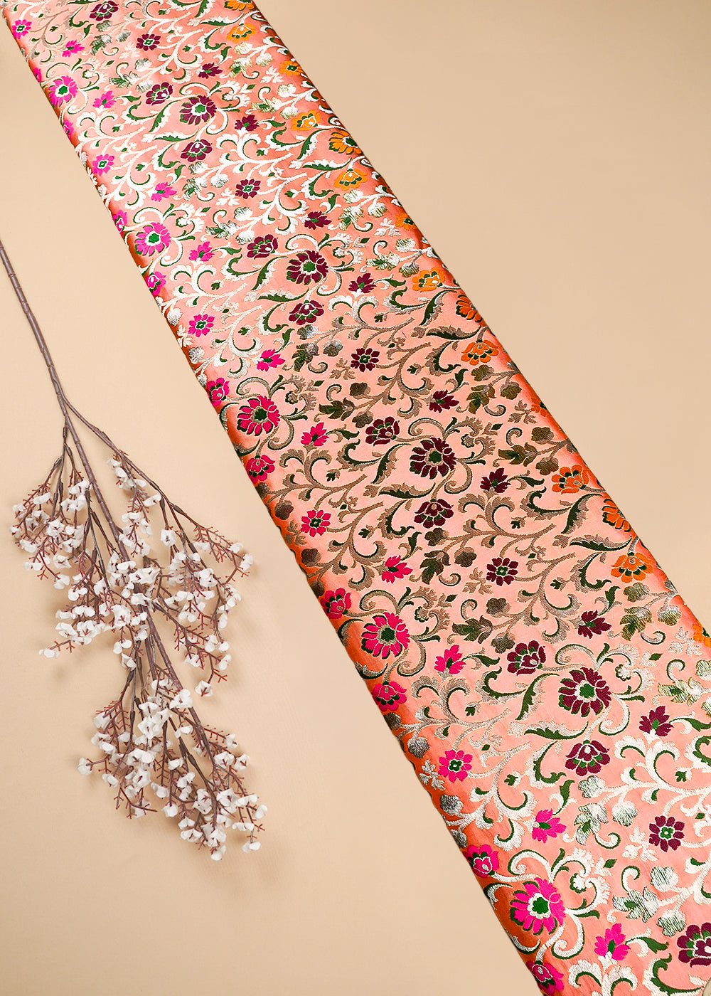 Peach Pure Banarasi Brocade Fabric With All Over Thread And Zari Handloom 25287