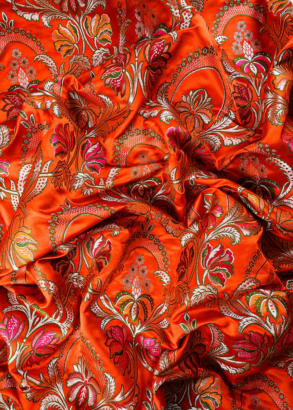 Orange Pure Banarasi Brocade Fabric With All Over Thread And Zari Handloom 25289