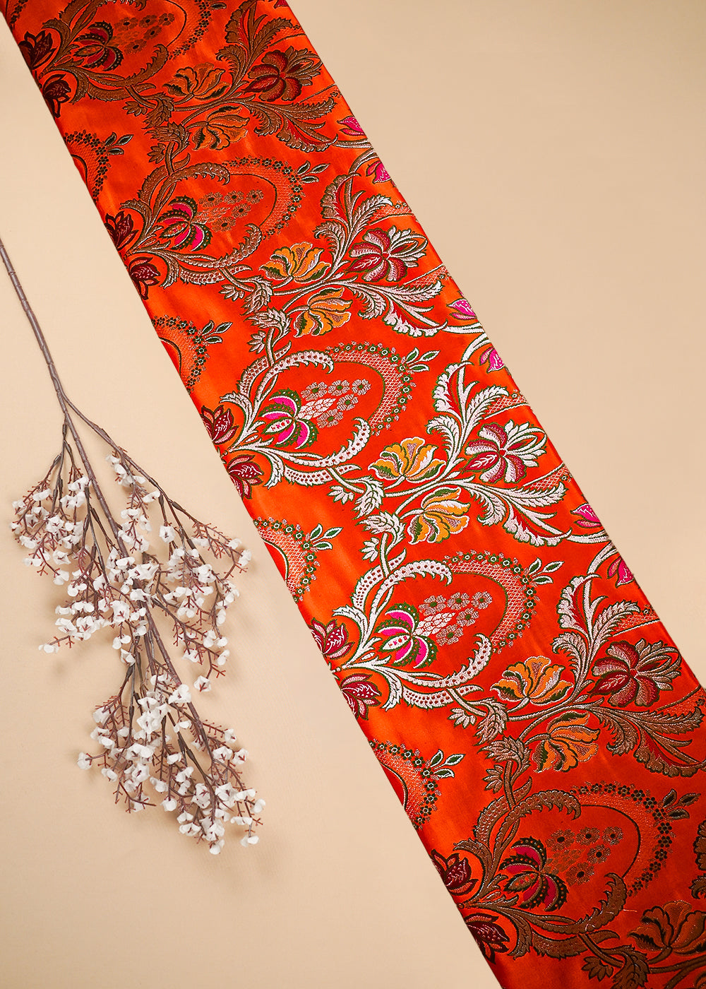 Orange Pure Banarasi Brocade Fabric With All Over Thread And Zari Handloom 25289