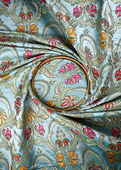 Powder Blue Pure Banarasi Brocade Fabric With All Over Thread And Zari Handloom 25290