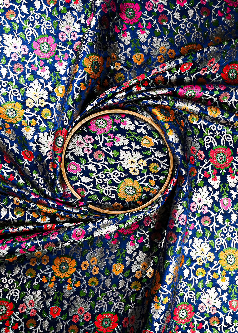 Navy Blue Banarasi Brocade Fabric With All Over Thread And Zari Handloom 25292