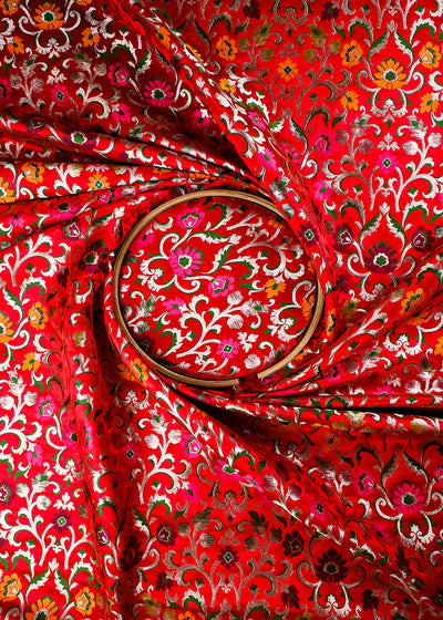 Red Pure Banarasi Brocade Fabric With All Over Thread And Zari Handloom 25293