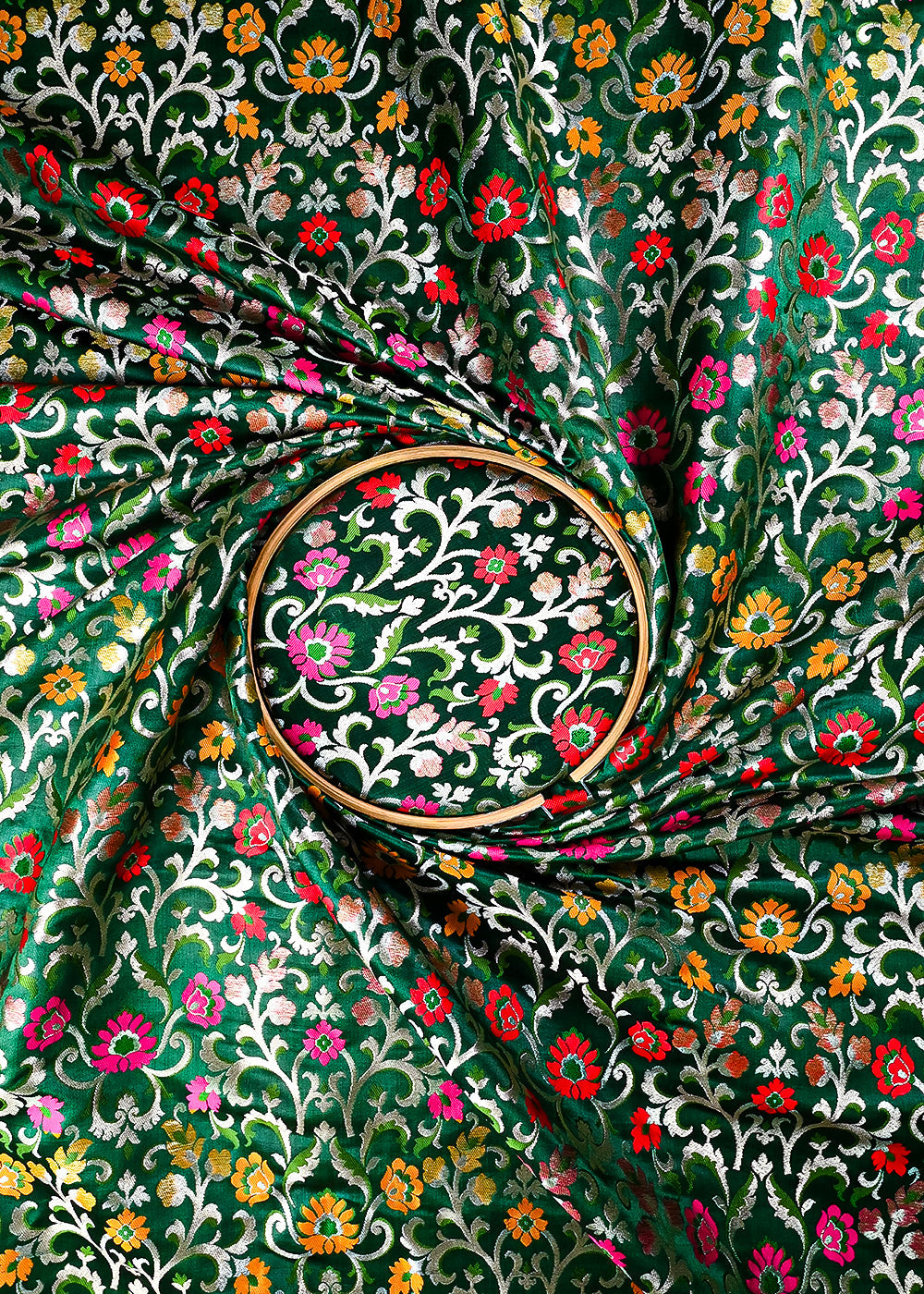 Bottle Green Pure Banarasi Brocade Fabric With All Over Thread And Zari Handloom 25296