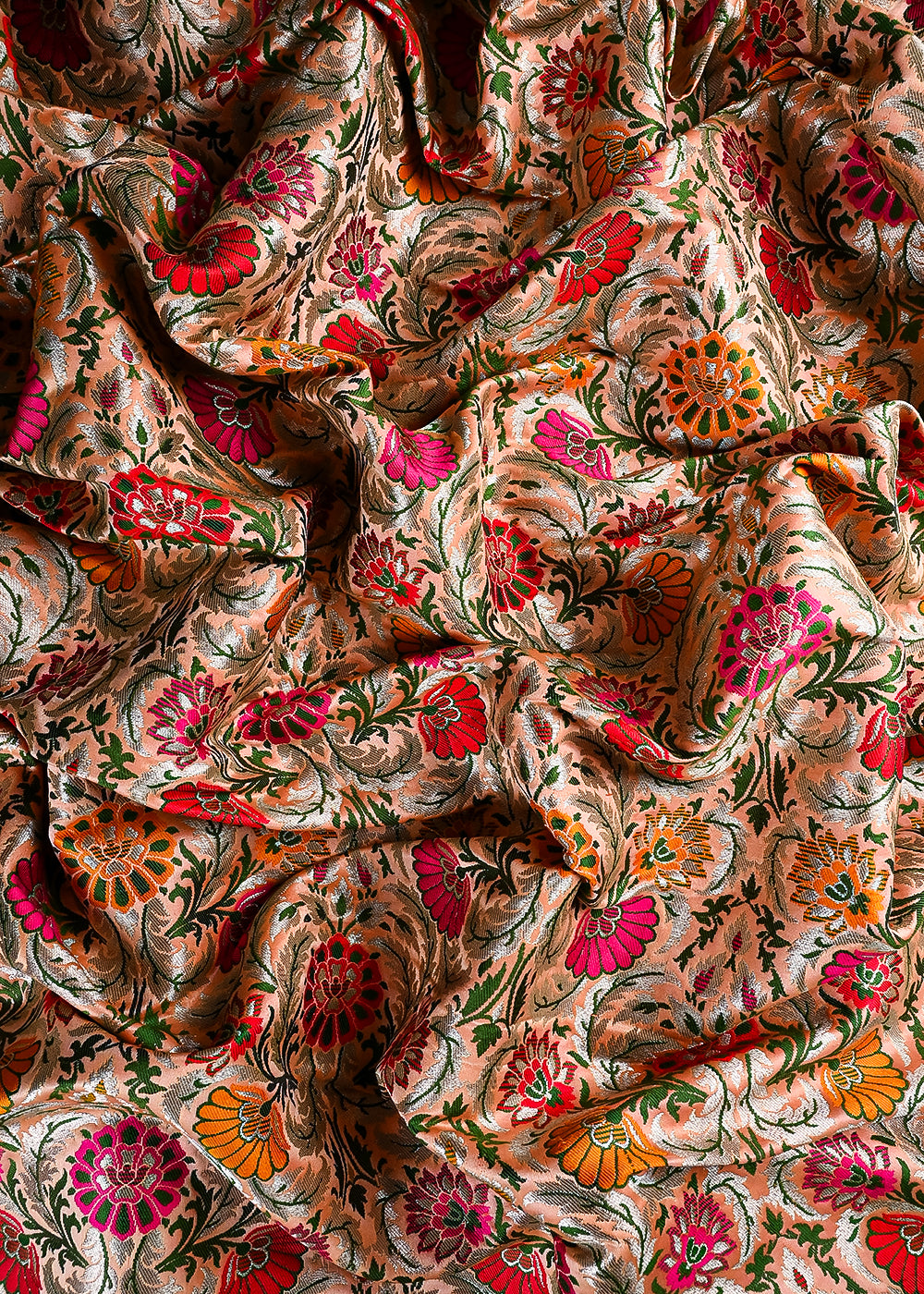 Peach Pure Banarasi Brocade Fabric With All Over Thread And Zari Handloom 25297