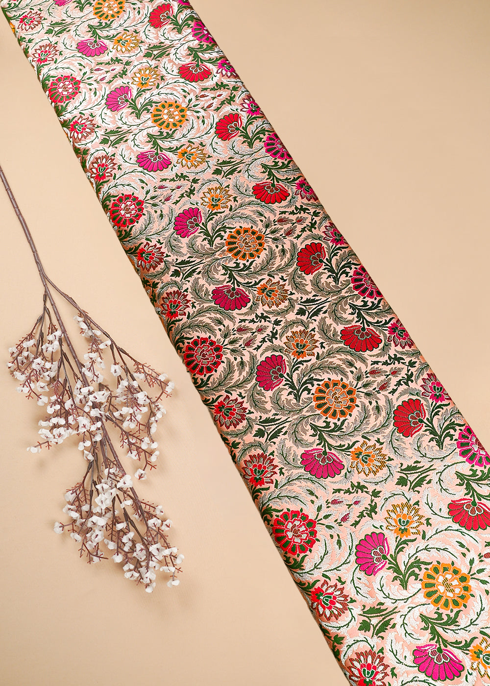 Peach Pure Banarasi Brocade Fabric With All Over Thread And Zari Handloom 25297