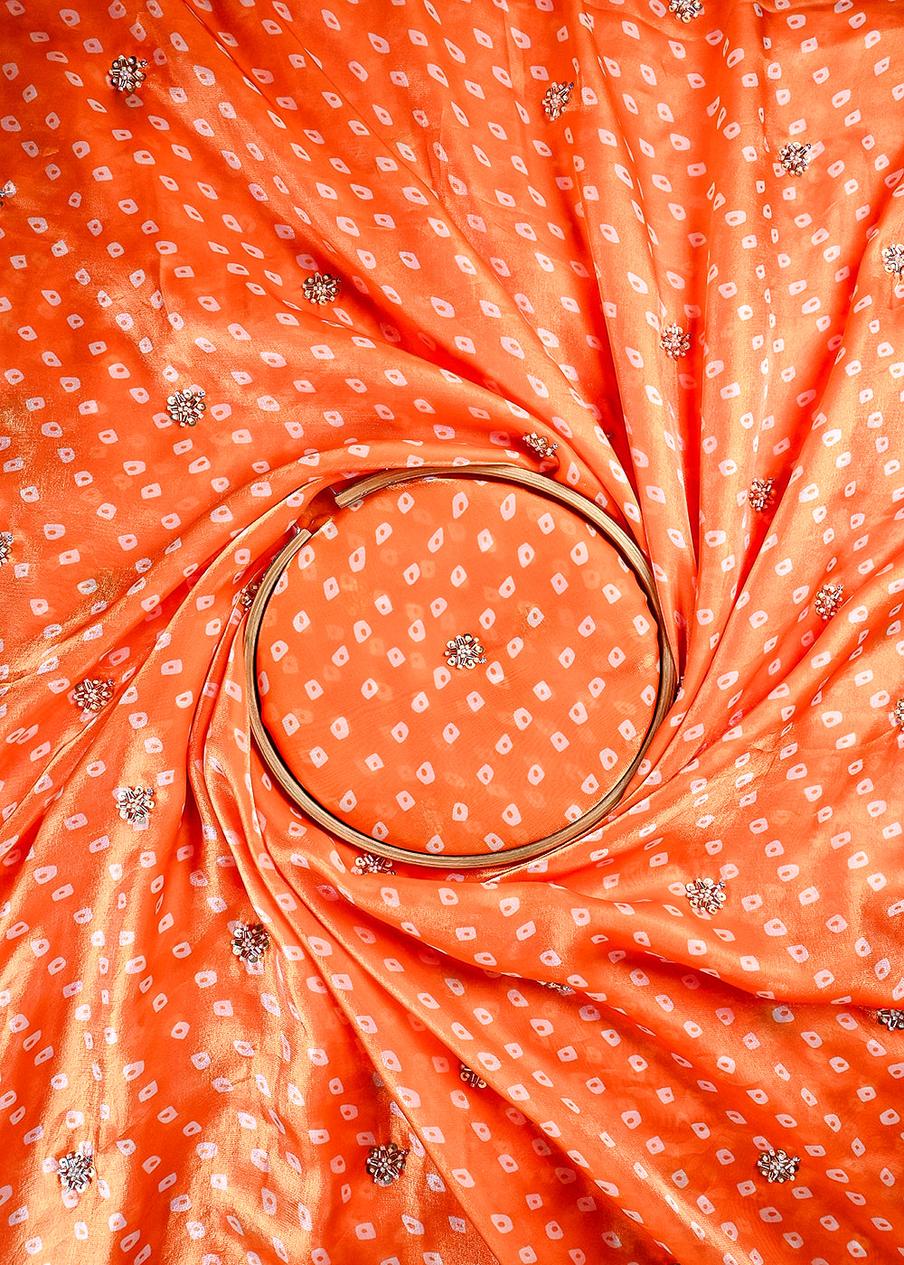 Orange Tissue Fabric With All Over Buti Of Sequins And Katdana Work 25302