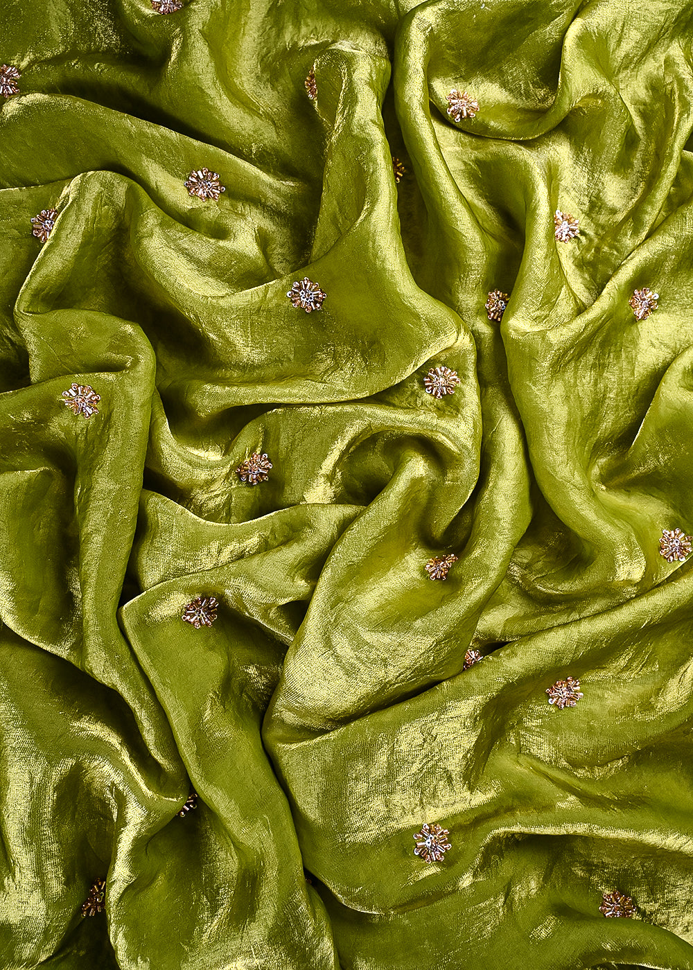 Mehendi Green Diamond Tissue Fabric With All Over Buti Of Sequins And Katdana Work 25310