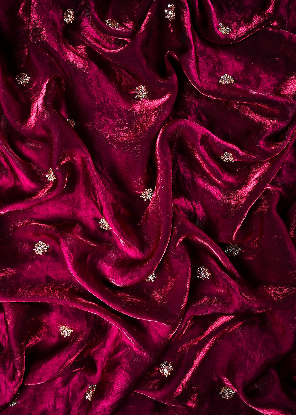 Wine Diamond Tissue Fabric With All Over Buti Of Sequins And Katdana Work 25311