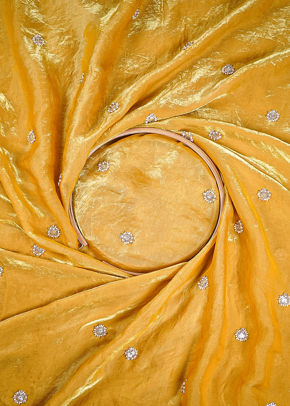 Gold Diamond Tissue Fabric With All Over Buti Of Sequins And Katdana Work 25318