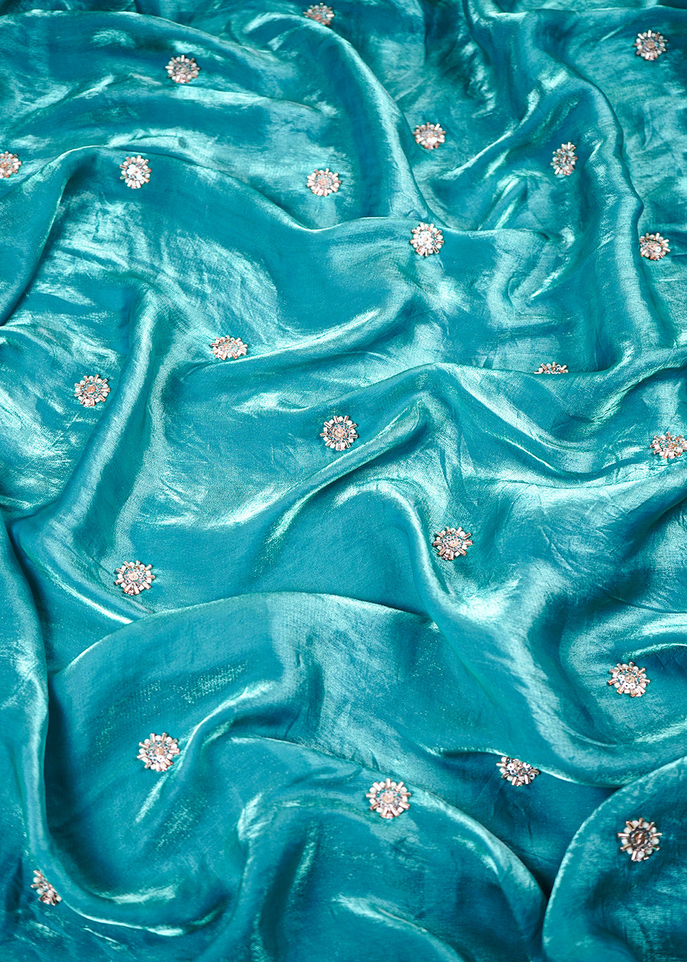 Teal Blue Diamond Tissue Fabric With All Over Buti Of Sequins And Katdana Work 25319