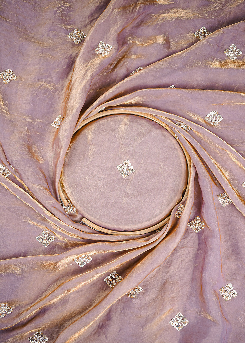 Rose Gold Diamond Tissue Fabric With All Over Buti Of Sequins And Katdana Work 25323