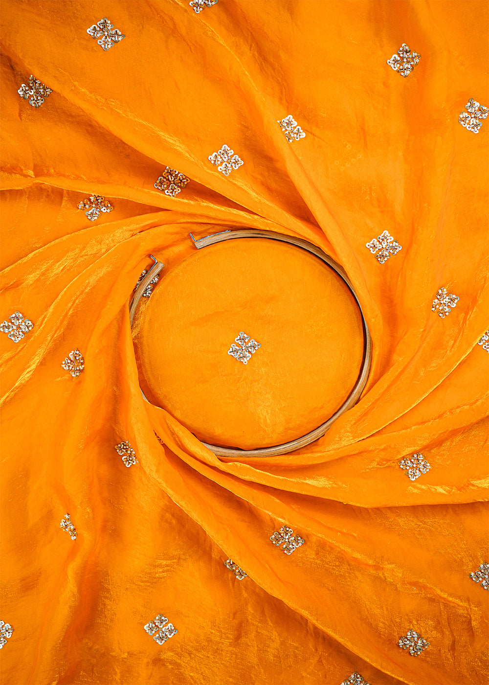 Mustard Diamond Tissue Fabric With All Over Buti Of Sequins And Katdana Work 25324