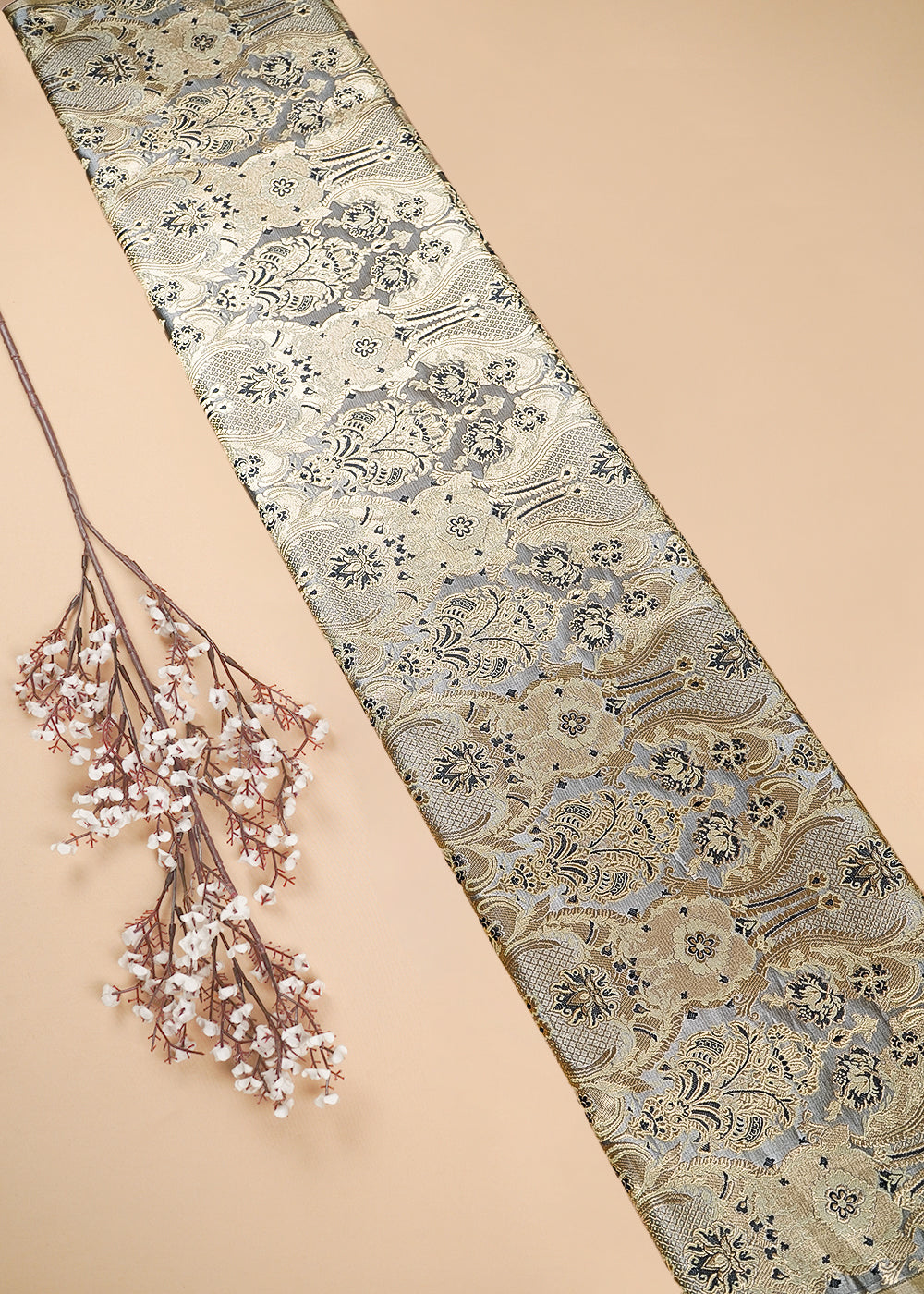 Grey Banarasi Brocade Fabric With All Over Thread And Zari Handloom 25371