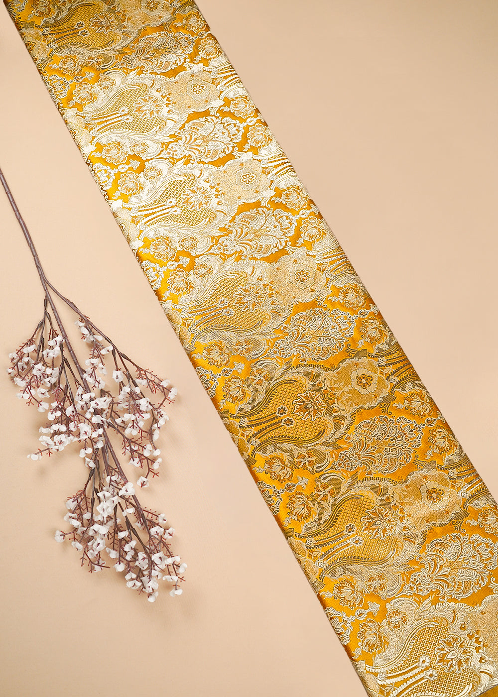 Mustard Banarasi Brocade Fabric With All Over Thread And Zari Handloom 25352