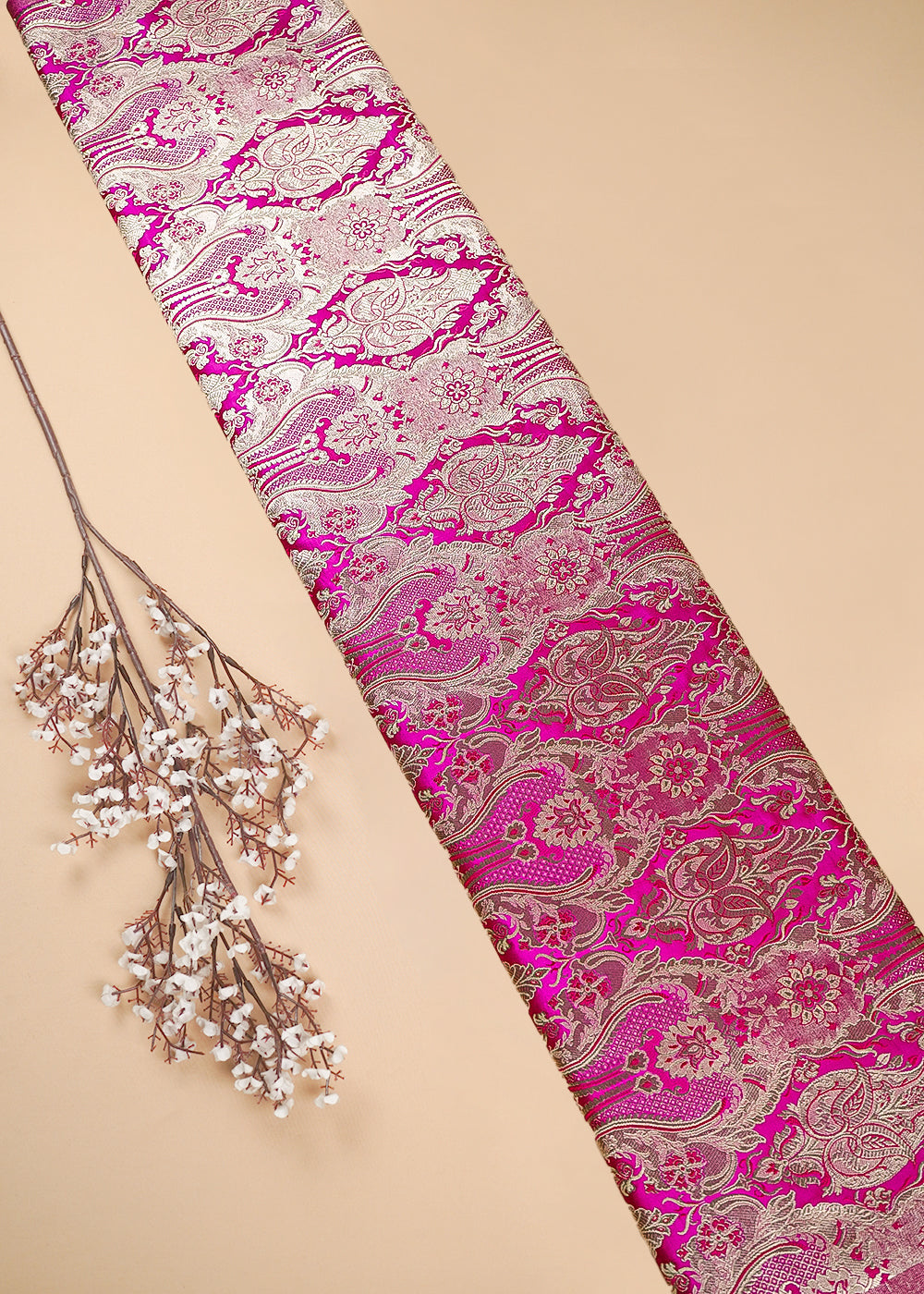 Rani Pink Banarasi Brocade Fabric With All Over Thread And Zari Handloom 25353