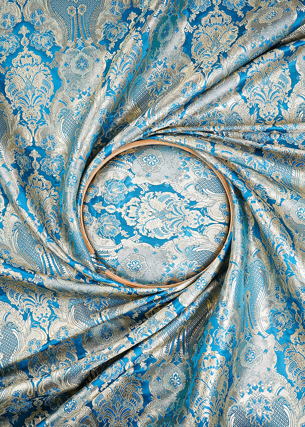 Firozi Banarasi Brocade Fabric With All Over Thread And Zari Handloom 25354