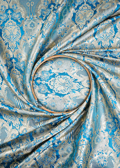 Firozi Banarasi Brocade Fabric With All Over Thread And Zari Handloom 25354