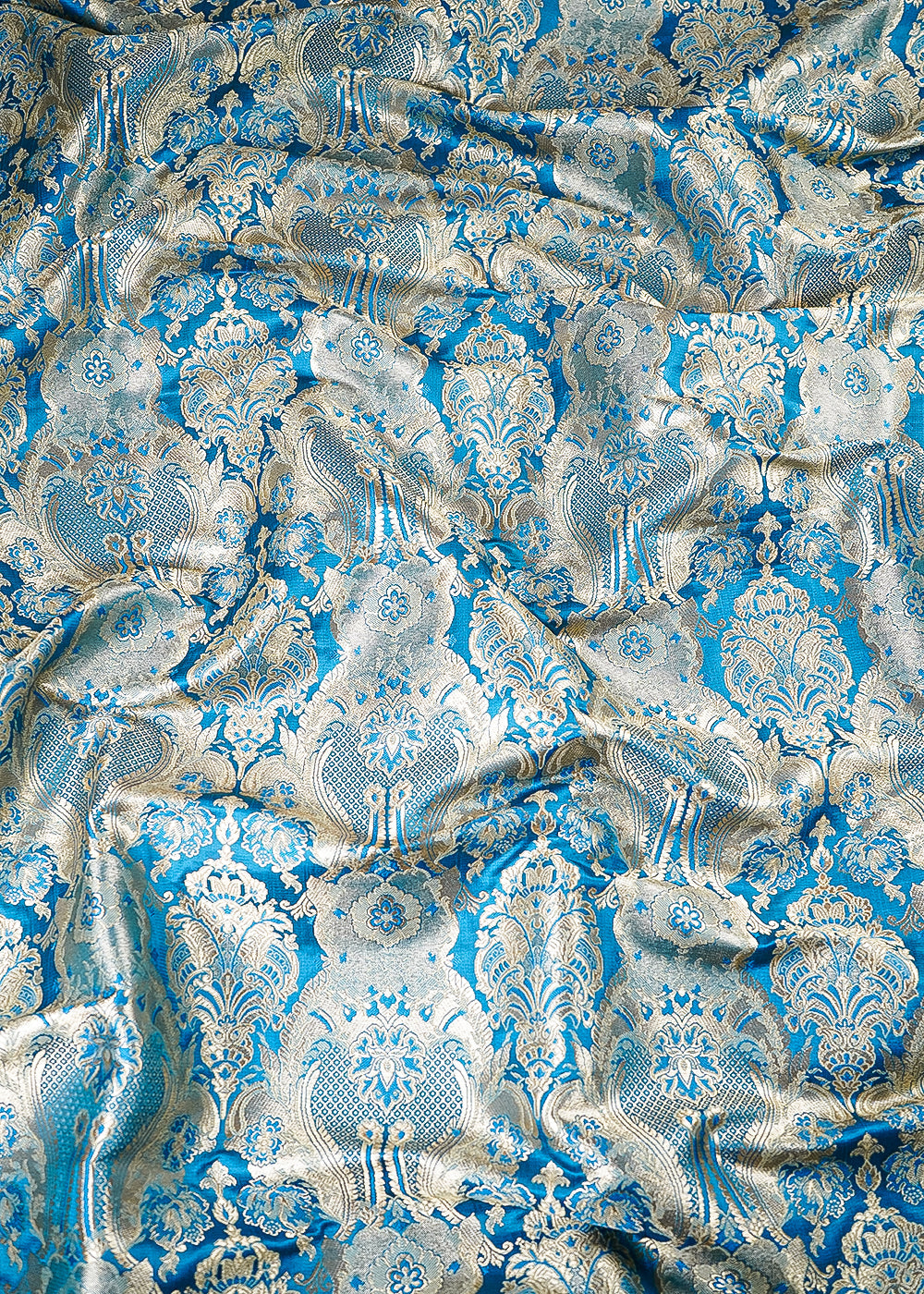 Firozi Banarasi Brocade Fabric With All Over Thread And Zari Handloom 25354