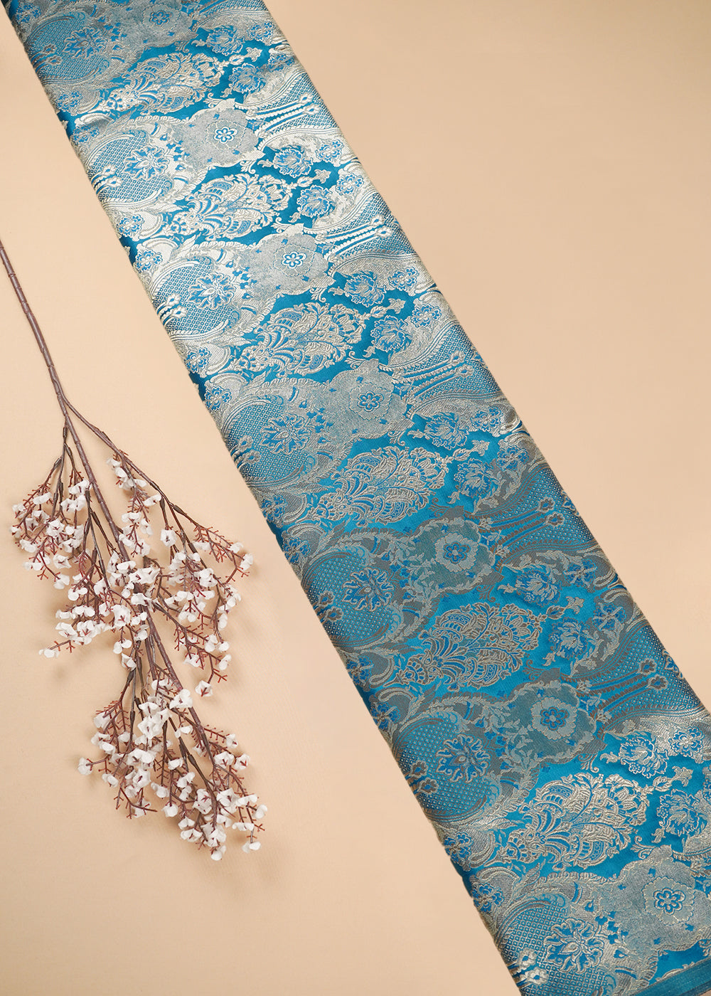 Firozi Banarasi Brocade Fabric With All Over Thread And Zari Handloom 25354
