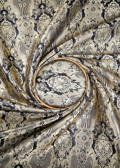 Black Banarasi Brocade Fabric With All Over Thread And Zari Handloom 25355