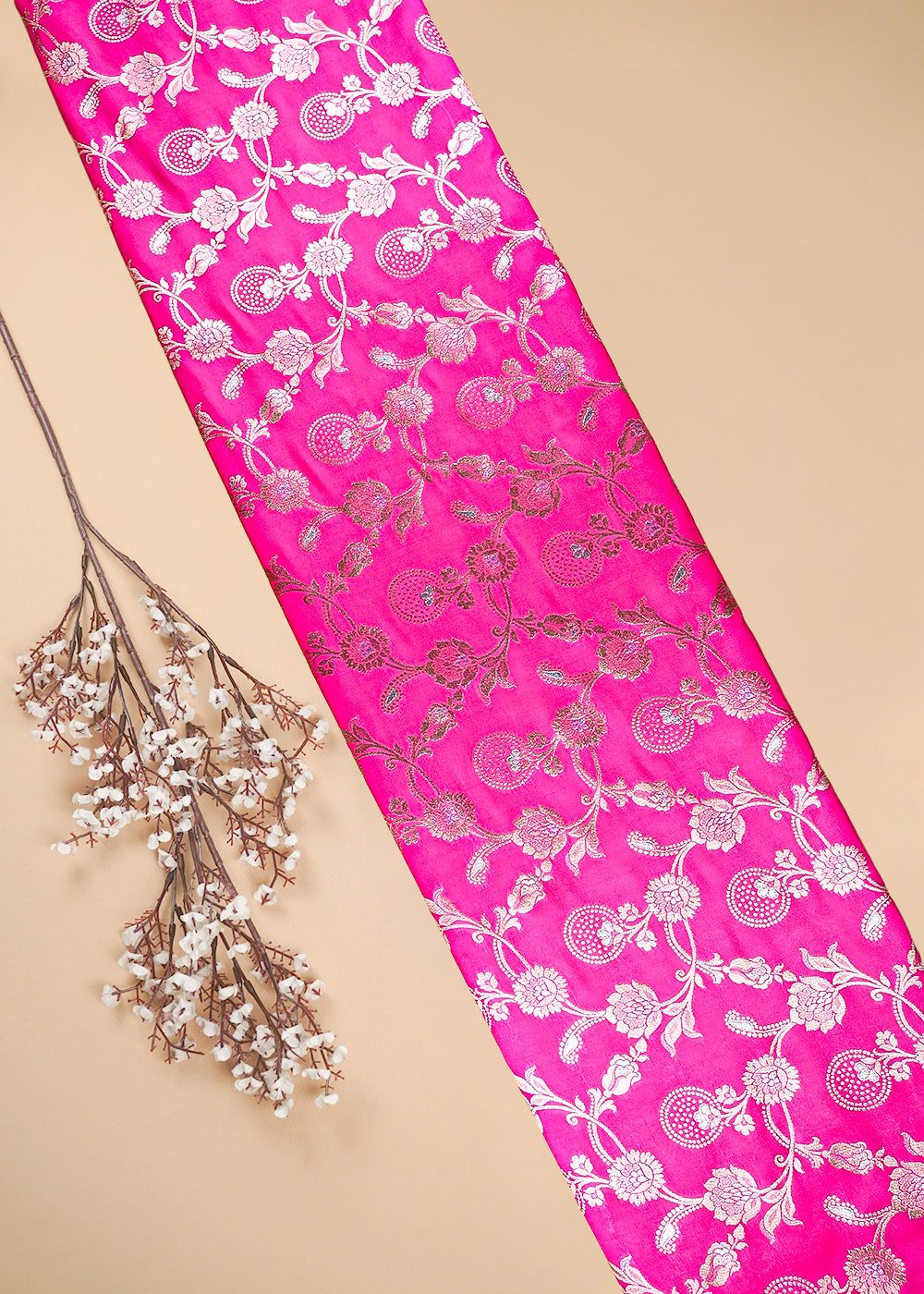 Pink Banarasi Brocade Fabric With All Over Zari Handloom 25356