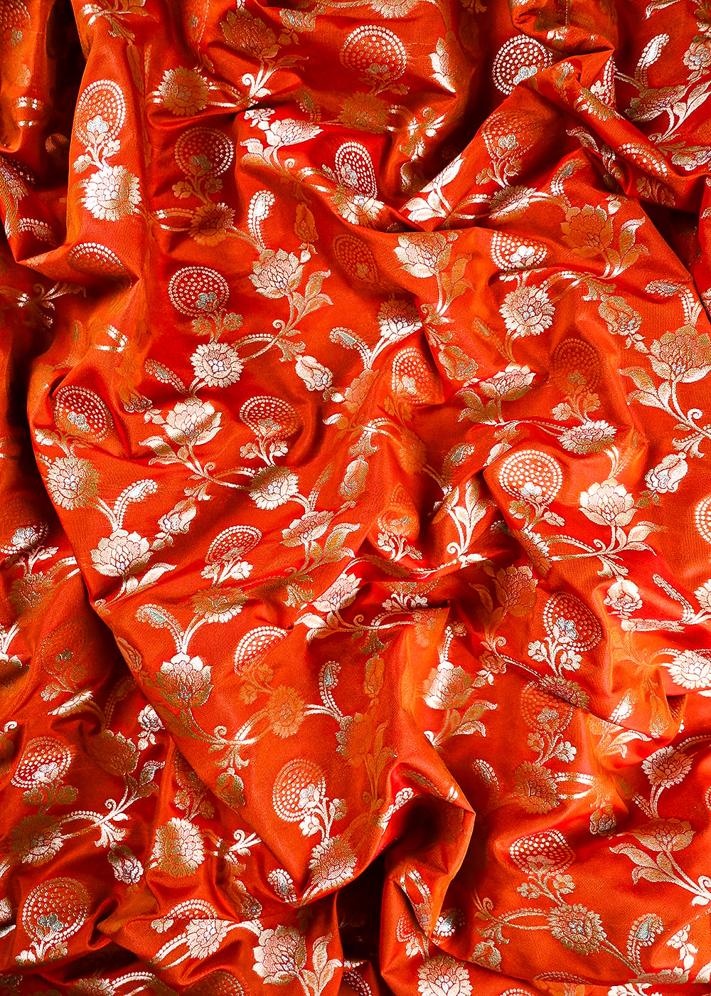 Orange Banarasi Brocade Fabric With All Over Zari Handloom 25360