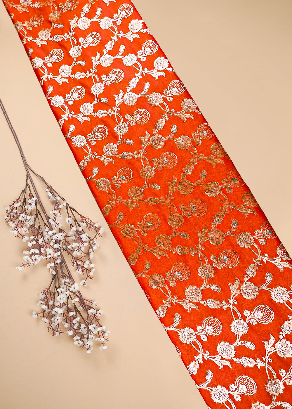 Orange Banarasi Brocade Fabric With All Over Zari Handloom 25360