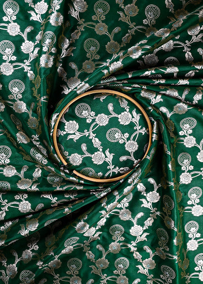 Bottle Green Banarasi Brocade Fabric With All Over Zari Handloom 25365