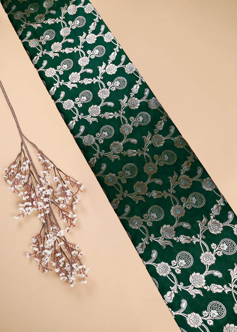 Bottle Green Banarasi Brocade Fabric With All Over Zari Handloom 25365