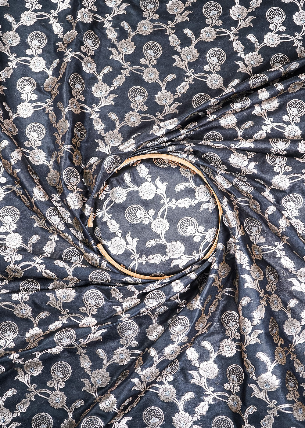 Black Banarasi Brocade Fabric With All Over Zari Handloom 25366