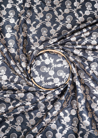 Black Banarasi Brocade Fabric With All Over Zari Handloom 25366