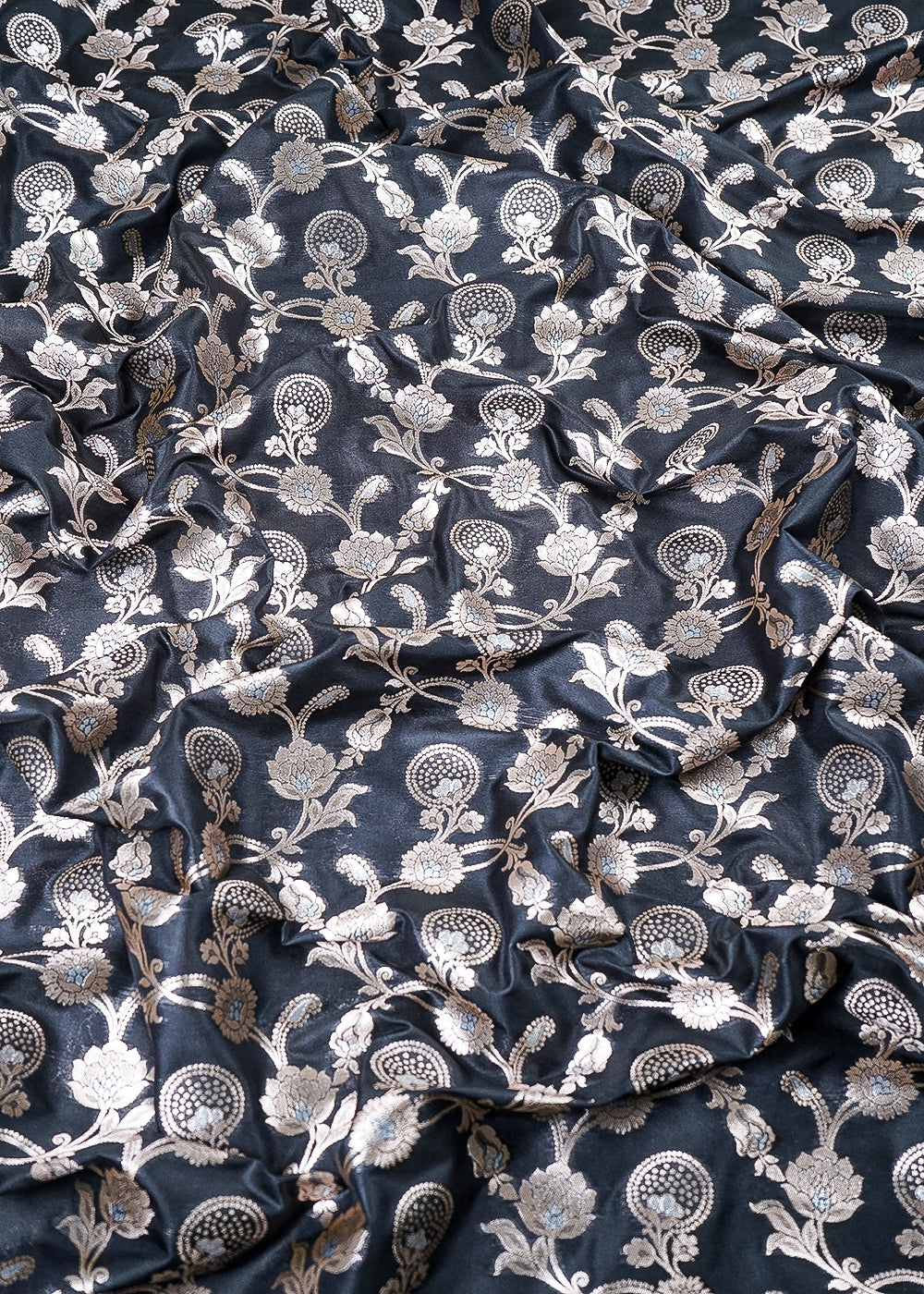 Black Banarasi Brocade Fabric With All Over Zari Handloom 25366