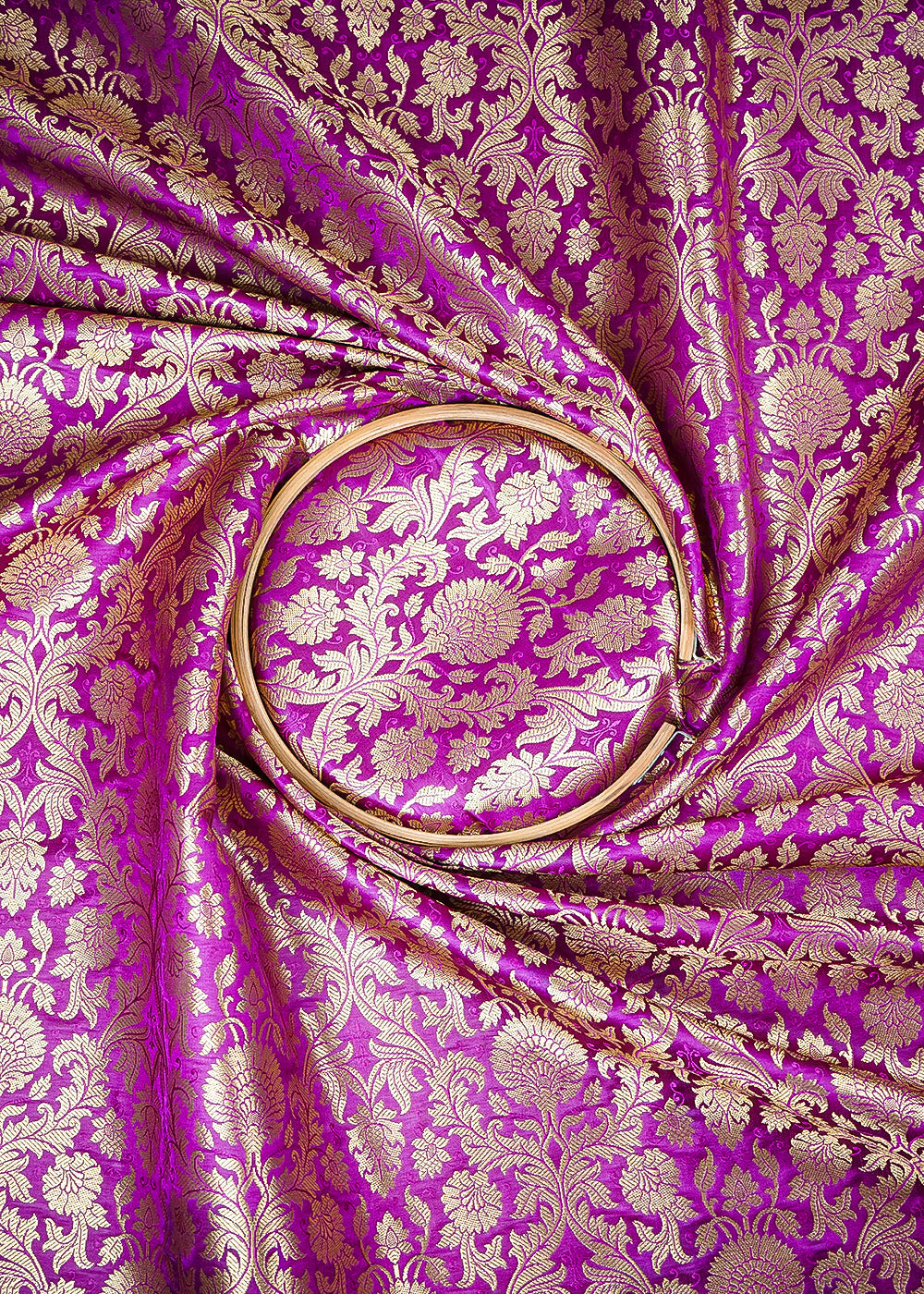 Purple Banarasi Brocade Fabric With All Over Thread And Zari Handloom 25368