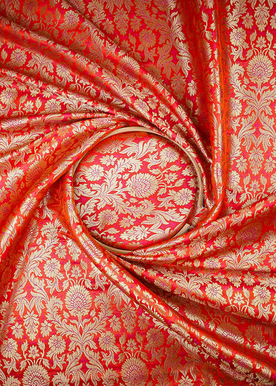 Orange Banarasi Brocade Fabric With All Over Thread And Zari Handloom 25370