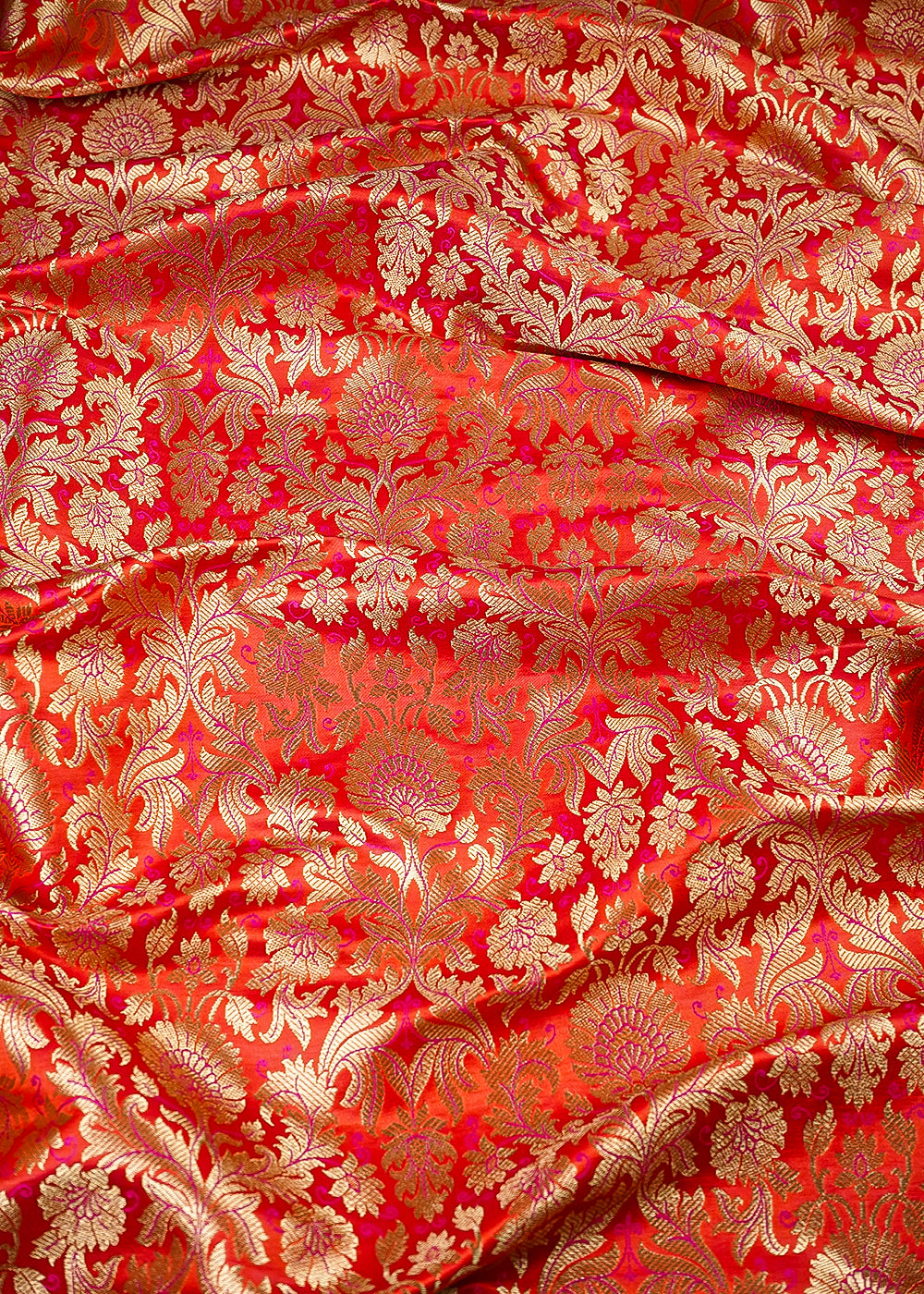 Orange Banarasi Brocade Fabric With All Over Thread And Zari Handloom 25370