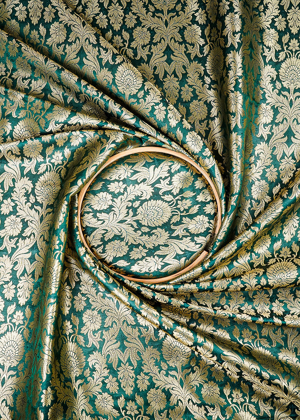 Bottle Green Banarasi Brocade Fabric With All Over Thread And Zari Handloom 25375